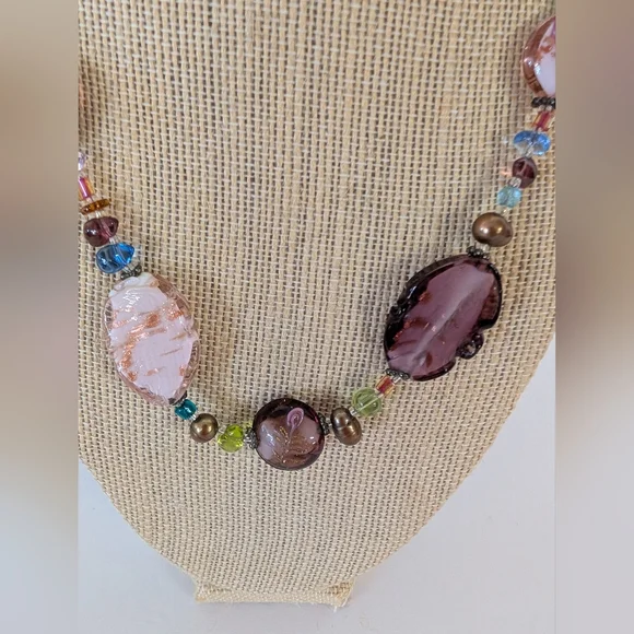 Necklace Venetian Murano Pink Purple Beaded - Picture 2 of 8